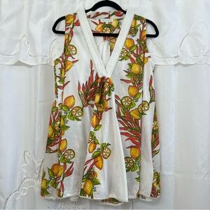 Modaposa Lemon Citrus Print Cotton Tunic Top Dress Boho Summer Size Small